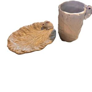 Vintage Made in Japan Bunny Ceramic Cup & Leaf Dish Set Cottagecore Decor